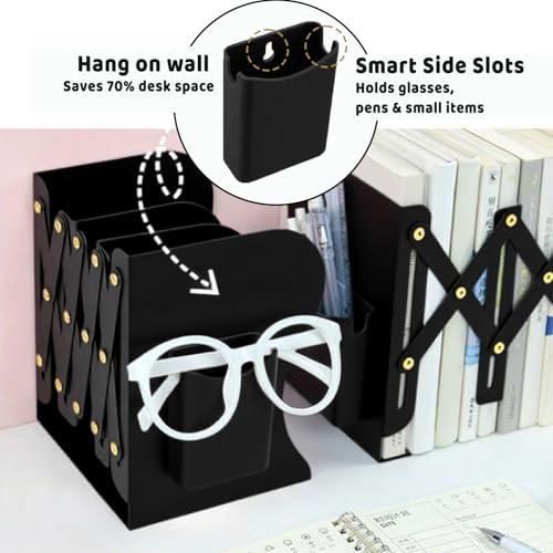Book Ends for Shelves,Metal Bookends,Book Ends Scalable with Pen Holder(Black)