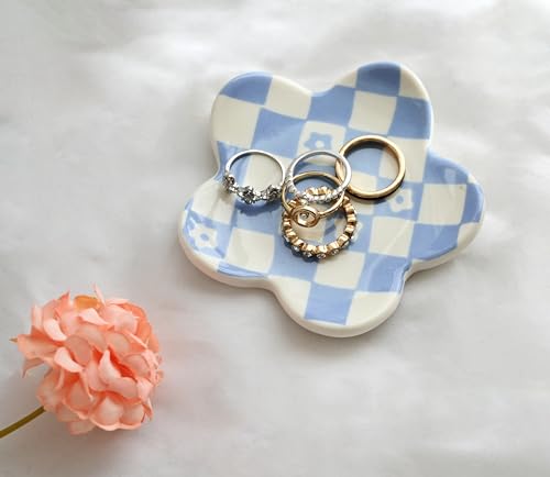 Teen Girls Gifts Trendy Stuff Aesthetic Room Decor Bedroom Decor Aesthetic Preppy Room Decor Aesthetic Stuff Checkered Jewelry Tray, Blue - style: Blue Checkered and Flower