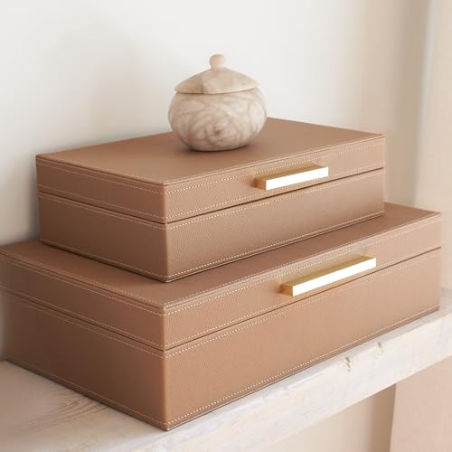 ZICOTO Decorative Storage Boxes with Lids – Set of 2 Beautiful PU Leather Organizer Bins for Your Bookshelf Home Decor - Safely Store Photos, Documents and Memory Box Keepsakes in Style - color: Brown