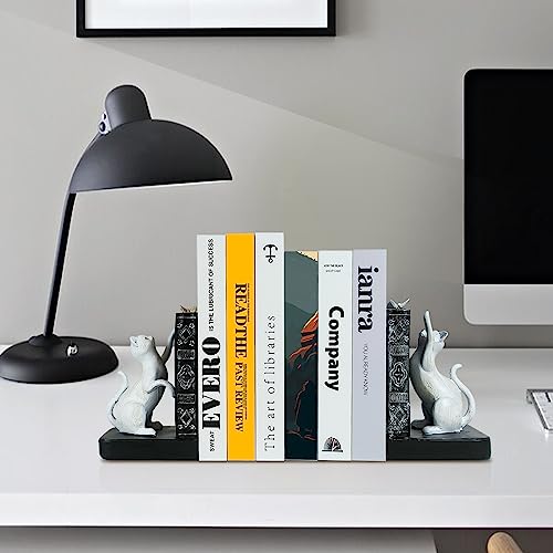 LIFFY Cat Decorative Bookends Decor Unique - Heavy Duty Book Holder, Modern Living Room Decor, Non Skid Bookshelf Stopper, Cute Book Ends for Shelves, Study, Office Desk, Vintage Decor - color: White Cat