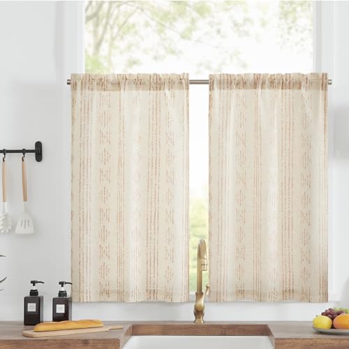 jinchan Boho Kitchen Curtains Linen Tier Curtains 24 Inches Bohemian Cafe Small Drapes Striped Mudcloth Farmhouse for Bathroom RV Camper Light Filtering Rod Pocket 2 Panels Taupe on Beige - color: Boho Taupe on Beige, size: 26"W x 24"L (Pack of 2)
