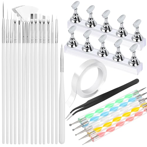 FANDAMEI Nail Art Tools, Nail Brush, 15 PCS Nail Art Brushes, 5 PCS Nail Dotting Tool, Nail Stand, Nail Holder For Painting Nails, Nail Tools, Nail Design Tools, White - color: White