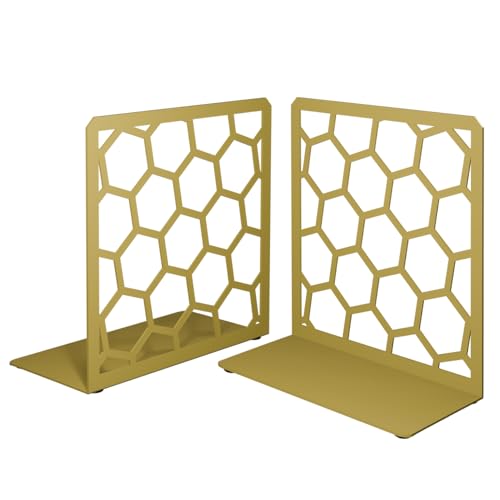 GEOMOD Geometric Honeycomb Gold Metal Bookends Decorative - Tall Sturdy Book Ends for Shelves - Modern Heavy Duty Bookend Stopper - Office or Home Book Shelf Book Holder - 6x3.25x6.25 Inches - 1 Pair - color: Gold, size: 1 Pair, style: Honeycomb