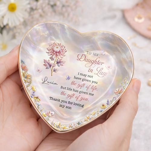 Personalized Daughter in Law Gifts Heart Shaped Jewelry Dish, Sentimental Gift from Mother-in-law, Custom Birth Flower, Birthday Gift for Daughter in Law Appreciation Present - color: Daughter In Law 132