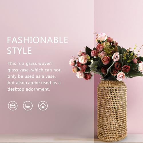 DOITOOL Boho Glass Vase with Rattan Cover, Rustic Farmhouse Vase Round Decorative Flower Container Flower Bud Container for Floral Arrangements Table Centerpiece, 4.3 x 4.3 x 9.8 inch