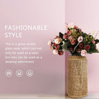 DOITOOL Boho Glass Vase with Rattan Cover, Rustic Farmhouse Vase Round Decorative Flower Container Flower Bud Container for Floral Arrangements Table Centerpiece, 4.3 x 4.3 x 9.8 inch