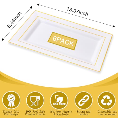 I00000 6 Pack Plastic Serving Trays, Gold Rim Disposable Serving Trays, Gold Disposable Serving Platter for Food Party Serving Platters and Plastic Trays 13.97x8.46 inches - color: White Gold