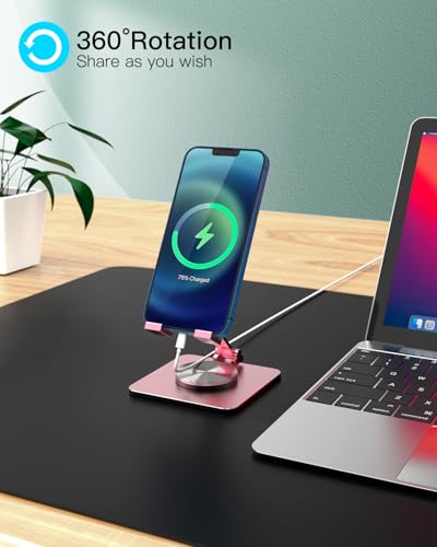 Cell Phone & Tablet Stand for Desk, Aluminum Adjustable Holder for iPhone, iPad & Smartphones || Foldable Mount with 360° Swivel, Stable Base & Portable Design for 4–9.7in Devices, Pink - color: Pink