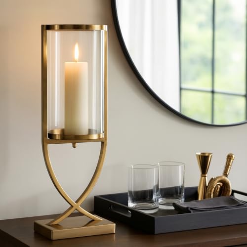 Contemporary Metal and Glass Hurricane Candle Holder - Decorative Pillar Candlestick Holder for Table Centerpiece - Elegant Home Decor Accents for Any Special Occasion Decoration - 23" Gold - color: Gold, size: 23"