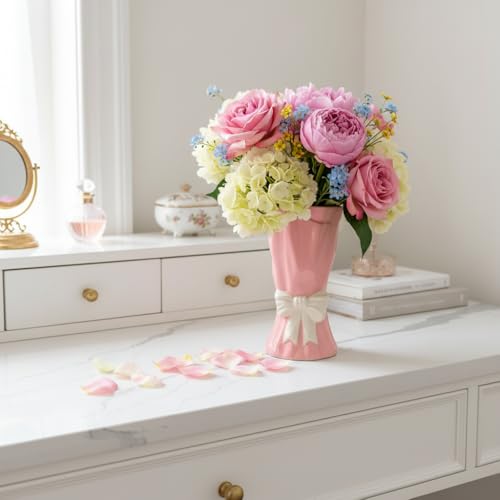 Pink Bow Vase, Hot Pink Flower Vase for Home Decor, Ceramic Vases for Boho Style, Small Cute Vases for Ideal Shelf Decor/Table/Living Room. (Pink 6, Large) - color: Pink 6