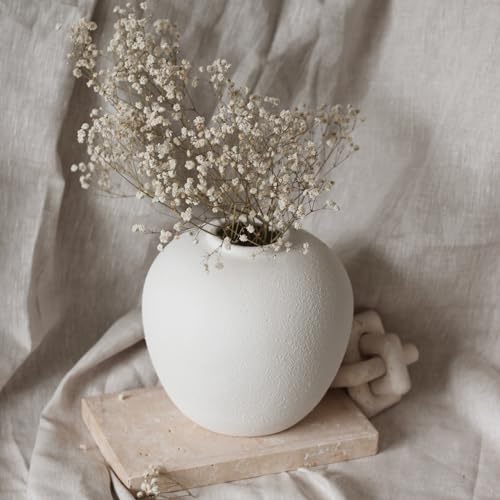 White Ceramic Vase 7.9 inch Round Minimalist Leak-Proof Vases for Flowers with Soft Pads, Modern Farmhouse Decor for Living Room