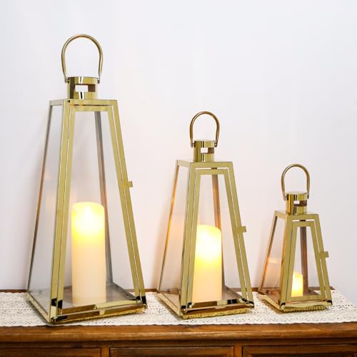 TRIROCKS Set of 3 Stainless Steel Candle Lantern 21/16/11''H Metal Outdoor Candle Holder Decorative Hanging Lantern with Tempered Glass for Home Living Room Parties Event Indoor Outdoor(Gold Triangle) - color: Gold