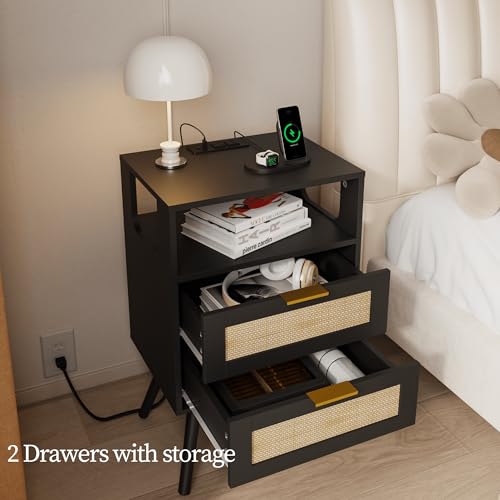 JOONEE Rattan Nightstand with Charging Station,Farmhouse Bedside Table with 2 Storage Drawer and Open Wood Shelf, for Bedroom and Small Spaces,Night Stand with Solid Wood Legs (Black-Outlet) - color: Black-outlet