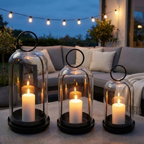 3 Pack Metal Candle Holders with Glass Dome, 5.5" & 4.7" & 3.9" Wide Black Candlestick Holders Set, Versatile Hurricane Lanterns Candleholders for Pillar Candle, Decorative Glass Display Dome Stands - color: Black