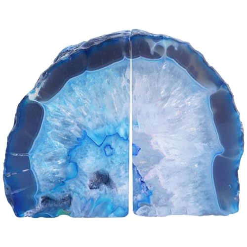 Natural Blue Dyed Agate Geode Bookends - 3 to 4 lb Heavy Duty Rock Crystal Stone Book Ends for Shelves, with Rubber Bumpers, Decorative Book Holders for Home Office - color: Blue, size: 3-4 Lbs