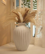 Handmade Ceramic Decorative Vase – Warm White Rustic Textured 10.4” Round Vase with Irregular Waves and Weathered Stone Finish for Home, Office, Farmhouse Decor - size: Large