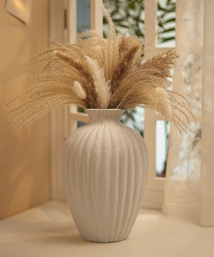 Handmade Ceramic Decorative Vase – Warm White Rustic Textured 10.4” Round Vase with Irregular Waves and Weathered Stone Finish for Home, Office, Farmhouse Decor - size: Large