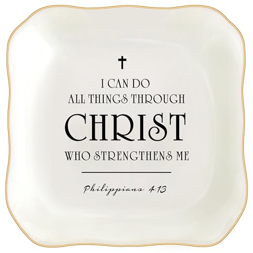 Christian Gifts for Women, Bible Verse Ceramic Jewelry Dish Trinket Ring Tray, Inspirational Floral Gift for Mom Sister Friend Birthday Christmas-I Can Do All Things Through Christ (White-Christ1) - color: White-Christ1