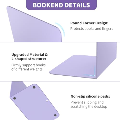 Book Ends, 2 Pieces Metal Bookend for Shelves, Bookends for Heavy Books, Book Holders for Shelves, Desk Organizers, Book Dividers for Office, School, Bookstore, Home - color: C-purple-smooth Surface, size: 2 Pieces