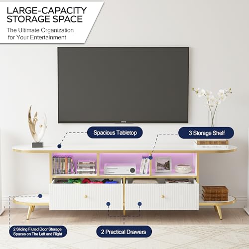 70 inch Fluted TV Stand, Luxury Modern TV Console & Media Entertainment Center for Living Room with Curved Profile, 2 Drawers, Storage Cabinet, and LED Lights, White, Holds TVs Up to 80"