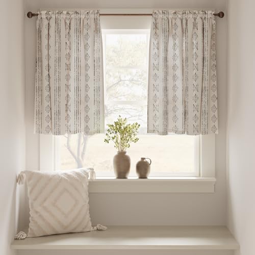 jinchan Boho Kitchen Curtains Linen Tier Curtains Bohemian Cafe Small Drapes Striped Mudcloth Farmhouse for Bathroom RV Camper Light Filtering Rod Pocket 2 Panels Black on Beige - color: Boho Black on Beige, size: 26"W x 24"L (Pack of 2)