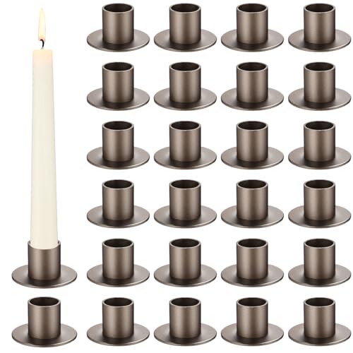FoldTier 24 Pcs Gunmetal Taper Candle Holders Bulk for 5.91'' Pillar Candles Wedding Short Candlestick Holder Gunmetal Centerpieces Decoration for Wedding Anniversary Dinner Party - color: Gunmetal
