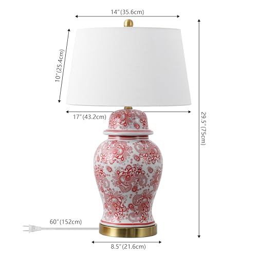 JONATHAN Y 29.5" Red/White Ceramic Table Lamp for Living Room and Office, White Linen Drum Shade, Traditional Chinoiserie Ginger Jar Lamp, LED Bulb Included (JYL3008C) - color: Red/White