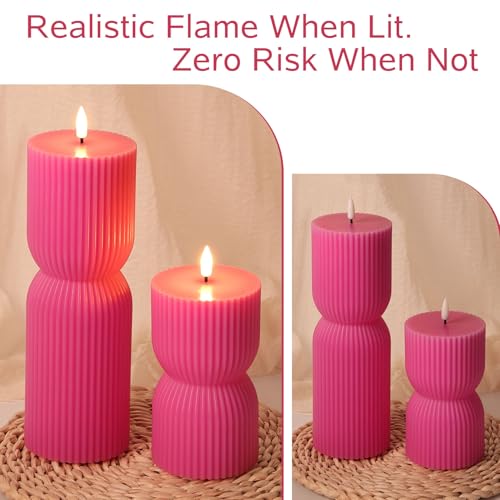 Hot Pink Ribbed Flameless Pillar Candles with Remote, Real Wax Flickering Battery LED Candles Set of 2 - color: Hot Pink