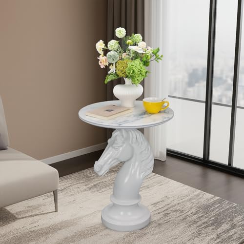 Modern Accent Table Living Room Horse Statue White Contemporary‌ Faux Marble Night Stand Side Table with Horse Head Base Reception Area & Bedroom（Width 19.69" ——Tall 24.8"） - style: White horsehead table