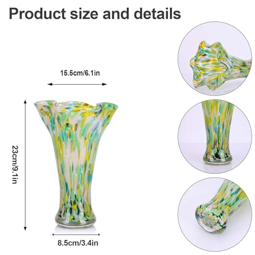 9.1H Murano Hand Blown Glass Vase, Ruffled Scalloped Rim Trumpet Shape, Wide Mouth Colorful Decorative Glass Vase, Sculptural Art Centerpiece for Living Room Table, Bathroom, Office Shelf (Green) - color: Green