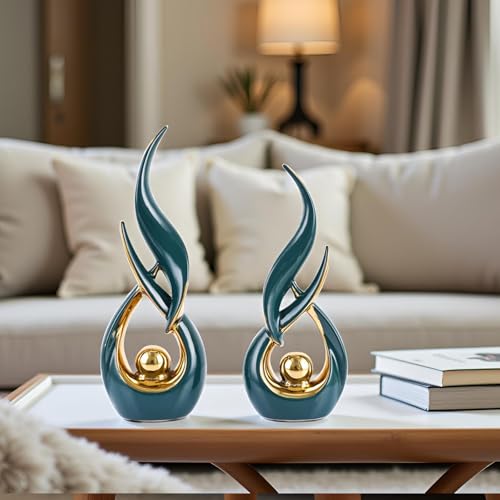 XMGZQ Gold Ceramic Abstract 2 Piece Statue Set,Mid Century Modern Abstract Art Home Decor Statue Mantelpiece on Unique Shelf Decor, TV Cabinet Divider Table top and Dining Table Centerpiece (Green) - color: Green