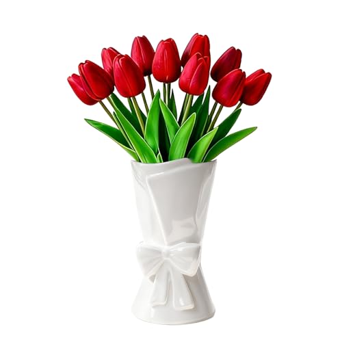 Relexome Fully Glazed White Ceramic Bow Vase 9.64 in Unique Cute Modern Decorative Bouquet Flower Vases for Home Living Room Table Decor Mother‘s Day Gifts - color: Glazed White