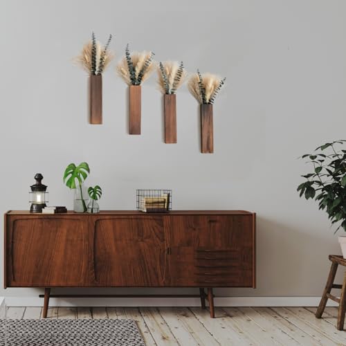 Wall Vase Set of 4 – Wooden Hanging Vases with Pampas Grass & Eucalyptus Dried Flowers – Modern Farmhouse Home Decor for Living Room, Entryway, Bathroom, Hallway & Dining Room - style: B