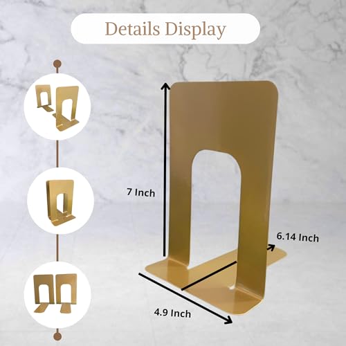 Alessk Dark Matte Gold Metal Bookends for Shelves – Heavy Duty Decorative Bookends for Heavy Books – Modern Book Ends for Office Bookshelf- has 3 Non-Slip Pads at the Bottom – 2Pairs (4 Pieces) - color: Gold