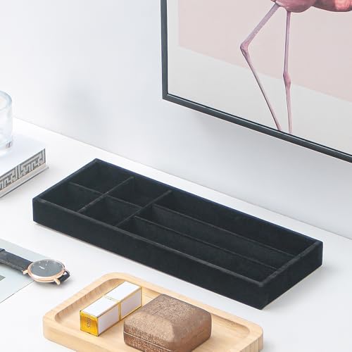 Divided Drawer Organizer Tray, Velvet Jewelry Storage Tray, Necklace Bracelet Ring Earring Display Tray,Bedside Nightstand Desk Holder Tray for Phone Watch Sunglasses Cosmetics Storage/Black/7grid - color: Black, size: Grid7