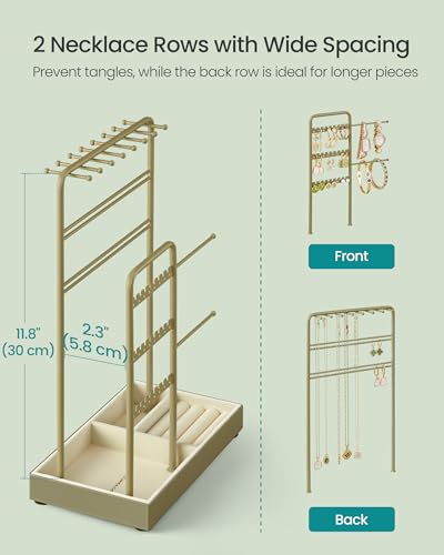 SONGMICS Jewelry Holder, Jewelry Organizer, Jewelry Display Stand with Metal Frame, Velvet Tray, Necklace Earring Bracelet Holder, for Studs, Rings, Gift Idea, Laurel Green UJJS021C02 - color: Laurel Green