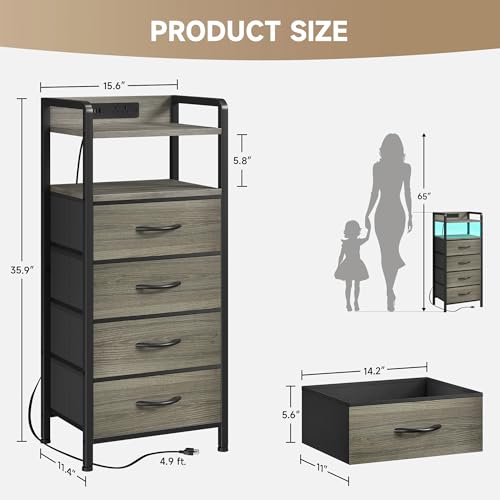 Lazzanto Grey NightStand with Charging Station - Morden Nightstand with USB Ports & AC Outlets, Grey End Table with Storage Shelf & 4 Fabric Drawers, LED Light Strip - color: Grey, size: 4 Drawers