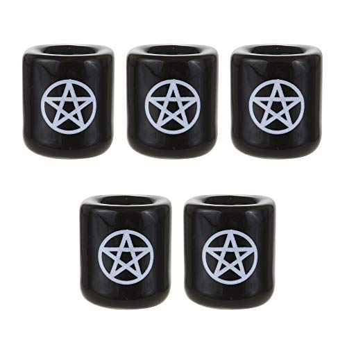 Mega Candles 5 pcs Ceramic White Pentacle Chime Ritual Spell Candle Holder - Black - color: White