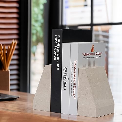 Koville Marble Bookends for Shelves, 9Lbs Large Bookends for Heavy Books, Non-Slip Heavy Duty Book Stopper for CD/Movies, Aesthetic Decorative Bookends for Shelves Table Home Decor(Beige) - color: Beige
