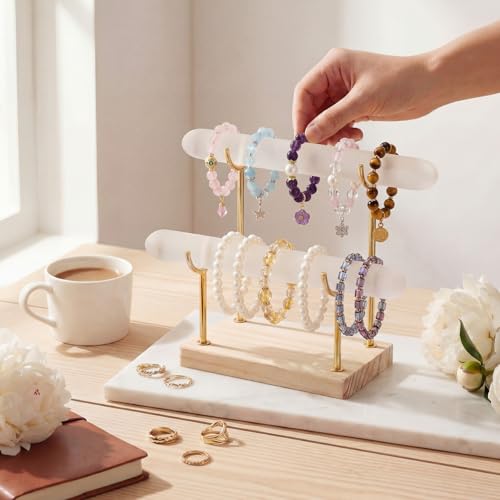 RattanView Selenite Bracelet Holder Display Stand Crystal Healing Goth Bracelet Display Stand Detachable Jewelry Wrap Watch Organizer Holder with Wooden Base for Bangles Charging Clean (2 Tier) - style: 2 Tier
