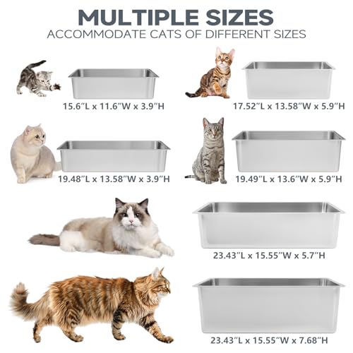 Kirecoo Stainless Steel Litter Box, Large Low Entry Metal Cat Pan Box, Indoor Litter Tray, Non Stick, No Smell, Easy to Clean, Pet Toilet Supplies for Cats - size: 19.48” L x 13.58” W x 3.9” H