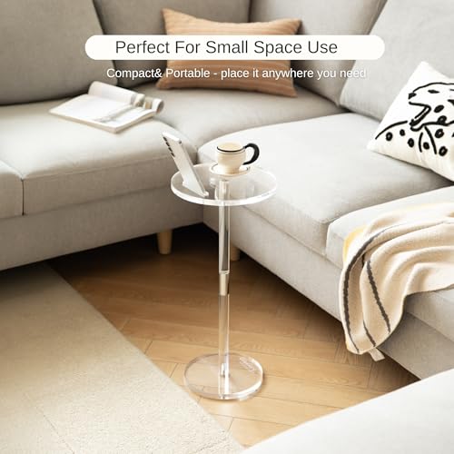 Acrylic Drink Table, Small Round Side Table for Small Space, Pedestal End Tables with Phone Holder, Multi-Use Modern Accent Tables, Martini/Cocktail Table for Living Room 10"X21" Easy Assembly - size: 10 Inches