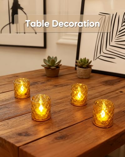 Homemory 2" x 2" Acrylic Votive Candle Holders with Auto Timer Flameless Led Tealight, Battery Powered Fake Electric Candles for Wedding Centerpiece, Table, Christmas Decor (6Pack, Gold Base) - color: Gold, size: 6 Pack
