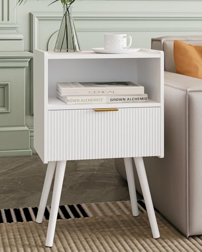 Veegle Nightstand,Modern Bedside Table with Storage Drawer and Open Wood Shelf, Accent Night Stand with Solid Wood Legs for Living Room, Bedroom and Small Spaces,Easy Assembly (White) - color: White