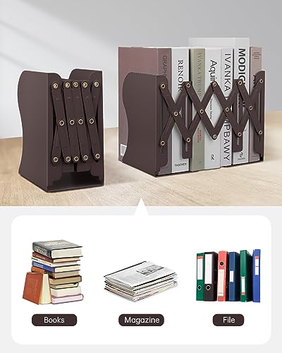 Honagu Adjustable Bookends, Metal Book Ends for Shelves Heavy Book, Desk Magazine File Organizer for Home, Office, Books, Papers, Extends up to 19 inches, for Students,Teachers (Brown) - color: Brown