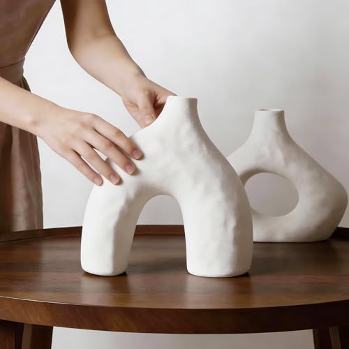 DOWAN Ceramic Vase Set of 2, 7.6" Decorative Pampas Vase for Home Decor, Modern Farmhouse Pottery Vase for Living Room Coffee Table Kitchen Bedroom Desk Entryway Mantel Book Shelf, Soft White