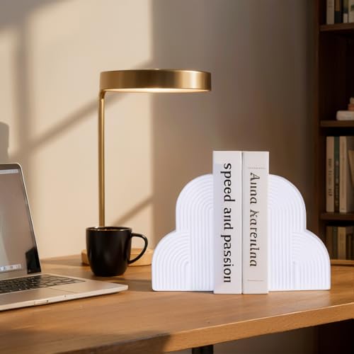 Decorative Bookends for Shelves Set of 2 – Heavy Duty White Resin Bookends, Boho Aesthetic Minimalist Geometric Book Ends, Modern Book Stoppers for Heavy Books, Office Desk, Home or Library Decor - color: White