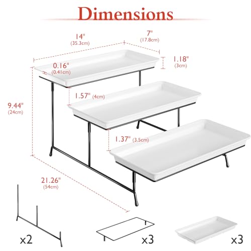 3-Tier Melamine Serving Tray Set, 14"x7" Platters for Serving Food, White Reusable Trays with Black Metal Display Stand for Cupcakes, Sevring Food, Dessert, Fruit, Cookie, Black - color: Black, size: 14" x 7"
