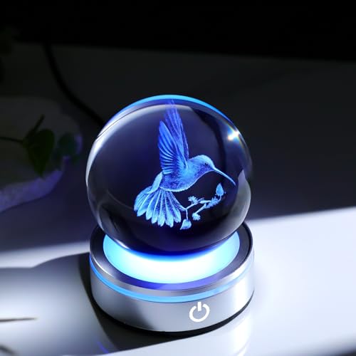3.15in. 3D Hummingbird Crystal Ball Gifts for Women Girlfriend, K9 Crystal Decorative Ball Engraved Hummingbird Figurine Paperweight with LED Light Base for Home Office Decoration - color: Hummingbird