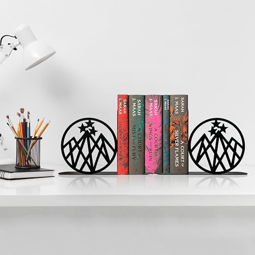 Celestial Mountain Bookends - Heavy Duty Metal Shelf Decor for Fantasy Book Lovers, Starlight Night Inspired Study Rooms, Office Decor & Bookish Gifts